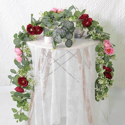 TOCHGREEN 4 Pack Artificial Eucalyptus Flower Garland with Red and Pink Roses, Fake Rose Flower Greenery Garland Floral Vines for Wedding Home Party Table Runner Decor (Red Pink, 4PCS)