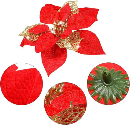 WILLBOND 36 Pieces Christmas Poinsettia Glitter Faux Flowers Christmas Artificial Flowers Tree Ornaments Topper Xmas Decorations(Red)
