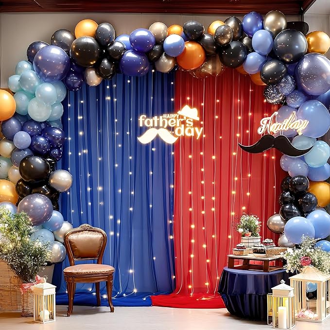 10x10ft Royal Blue Red Tulle Backdrop Curtain with Lights String for Parites, Sheer Backdrop Curtains for Wedding Baby Shower Birthday Party Photo Shoot Decorations