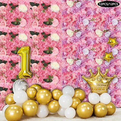 24 Pack Flowers Wall Panels Artificial Floral Wall Mat Handmade 3D Silk Rose Hydrangea Dahlia Floral Panels for Photo Background Home Party Wedding Backdrop Decoration, 24 x 16 inch (24 pcs)