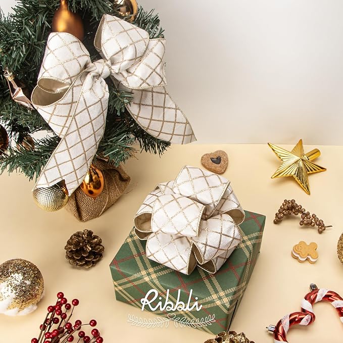 Ribbli White Velvet Ribbon Wired with Glitter Diamond Grid 2-1/2 Inch Christmas Ribbon for Christmas Tree Decoration Big Bow Gift Wrapping Crafts Wreaths Garland Supplies - 10 Yards