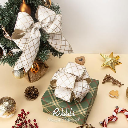 Ribbli White Velvet Ribbon Wired with Glitter Diamond Grid 2-1/2 Inch Christmas Ribbon for Christmas Tree Decoration Big Bow Gift Wrapping Crafts Wreaths Garland Supplies - 10 Yards