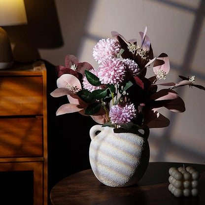 White Ceramic Vase - Short Vases with Hadle - 6 Inch Small Christmas Rustic Decorative Vase Flower, Vintage Terracotta Vase for Home Decor Living Room Shelf Decor Table, Lyeec
