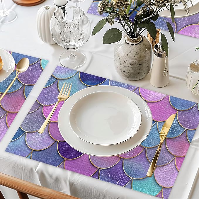 Glitter Fish Scales Placemat Set of 6,Mermaids Heat Resistant Linen Table Mats for Indoor Outdoor Home Kitchen Dining Room Table 12x18Inch