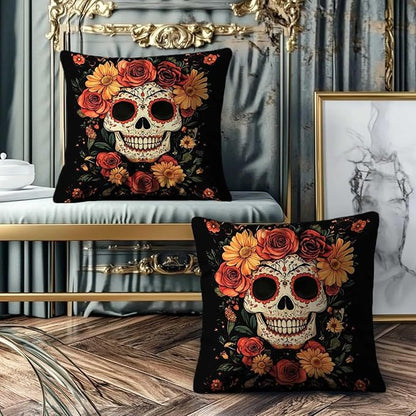 Sugar Skull Throw Pillow Covers 18x18 Set of 2, Mexican Day of The Dead Pillowcase for Sofa and Couch, Chirstmas Decorative Square Cushion Cases for Living and Bed Room