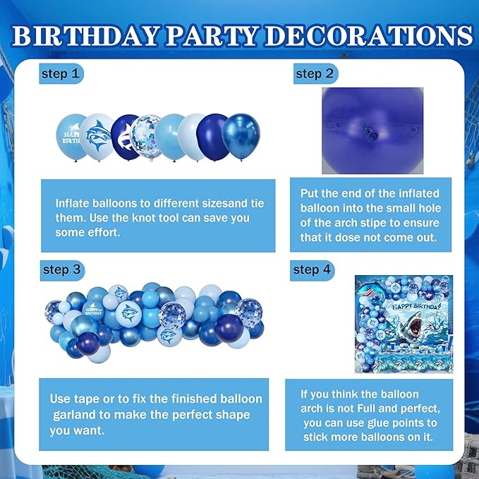 Shark Birthday Party Decorations For Women Men,Happy Birthday Banner,Blue Balloon Arch Kit,Sharks Foil Balloons,Cake toppers