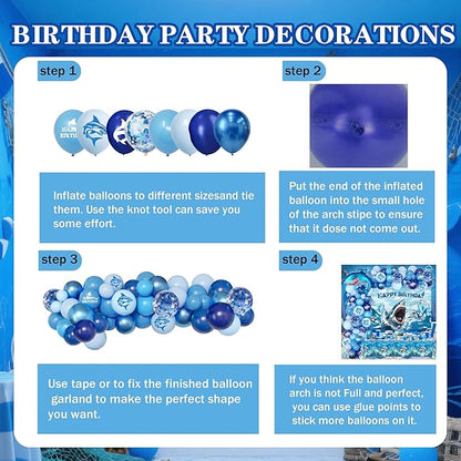 Shark Birthday Party Decorations For Women Men,Happy Birthday Banner,Blue Balloon Arch Kit,Sharks Foil Balloons,Cake toppers