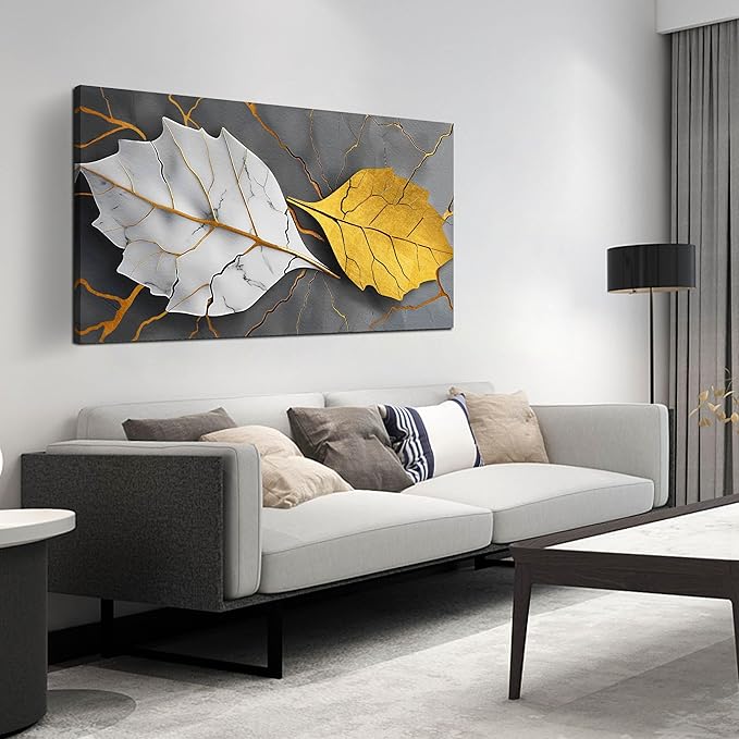 Large Canvas Wall Art for Living Room Bedroom Office Gold and White Leaves Picture Modern Canvas Prints Grey Abstract Framed Wall Decor Size 24x48