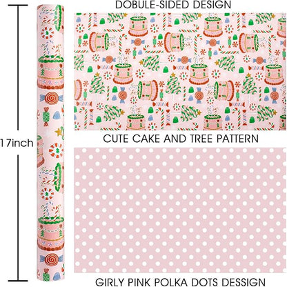 MAYPLUSS Christmas Wrapping Paper Roll - 17 In x 33 Feet - Cute Pink Christmas Candy Cane Cake Reversible Polka Dot Gift Wrap Paper for New Year, Holiday, Kids