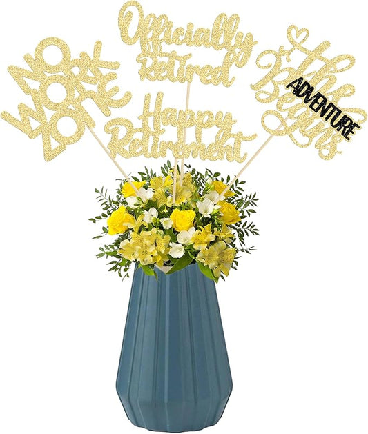 Ephlyn 16Pcs Happy Retirement Centerpiece Sticks Officially Retired Table Flower Centerpieces Sticks No Work Zone Floral Decorations for Farewell Birthday Party Centerpieces Supplies Gold