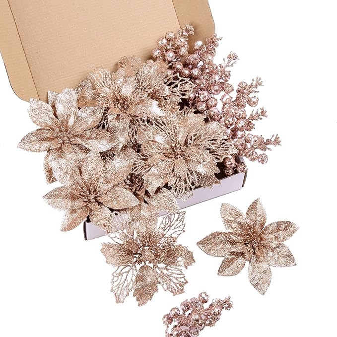 24Pcs Rosegold Glitter Poinsettia Christmas Tree Ornaments and Glitter Berries Stems, 16Pcs Christmas Artificial Flowers and 8 Pack Christmas Tree Picks for Wedding Holiday Decorations