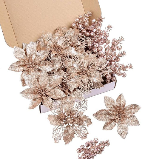 24Pcs Rosegold Glitter Poinsettia Christmas Tree Ornaments and Glitter Berries Stems, 16Pcs Christmas Artificial Flowers and 8 Pack Christmas Tree Picks for Wedding Holiday Decorations