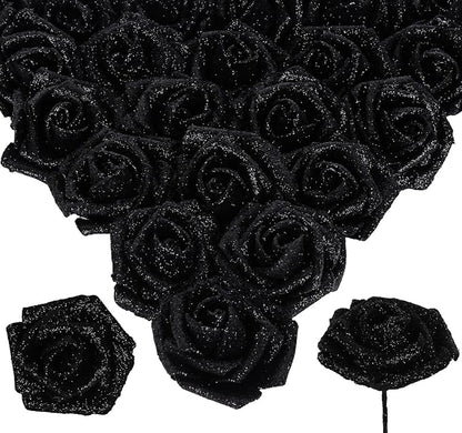 Black Glitter Rose 30pcs Roses Artificial Flowers with Glitter 2.56" Artificial Roses with Stems Fake Roses for Baby Shower Decorations Flower Centerpieces for Table (Black)