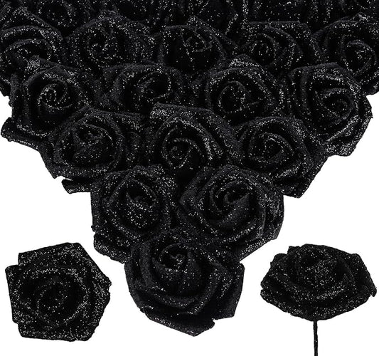 Black Glitter Rose 30pcs Roses Artificial Flowers with Glitter 2.56" Artificial Roses with Stems Fake Roses for Baby Shower Decorations Flower Centerpieces for Table (Black)