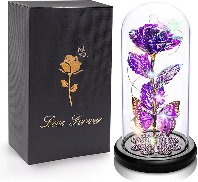 Womens Gifts for Christmas, Christmas Rose Gift for Women Birthday Gift Galaxy Glass Rose Forever Eternal Crystal Flower Light Up Roses in Glass Dome Purple Xmas Gifts for Mom Grandma Wife Her Sister