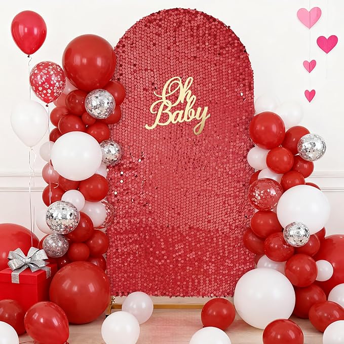 7.2FT Red Arch Cover Sequin: Wedding Arch Shimmer Backdrop Covers Sparkle Arched Stand Covers Glitter Backdrop Spandex Covers for Prom Party Decorations