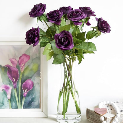 FiveSeasonStuff 12 Stems Artificial Flowers Real Touch Silk Roses for Wedding Decoration Bridal Bouquets Table Centerpieces Party Shower, Packed in Box (Mysterious Purple)
