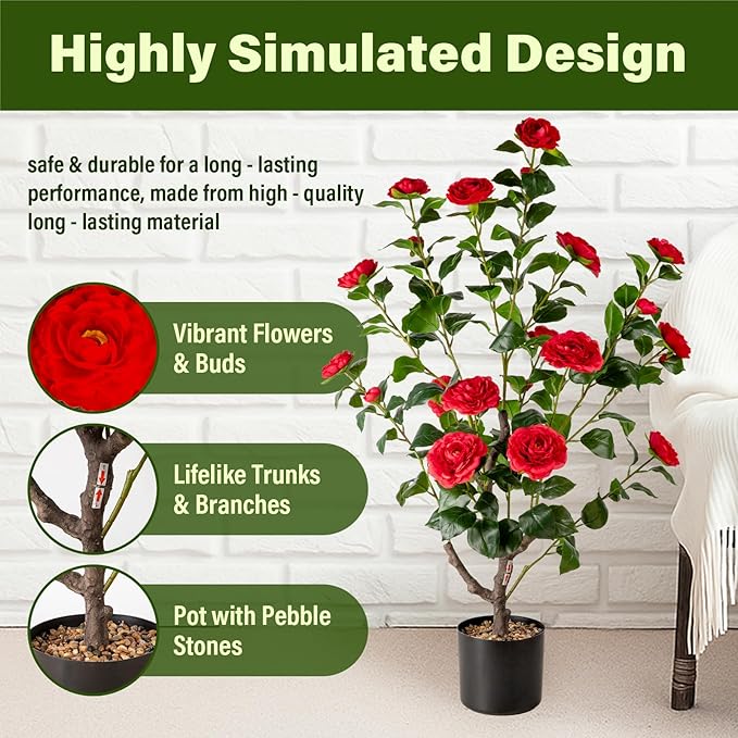 Artificial Camellia Tree,2Pack 3.2FT Faux Red Camellia Plants in Pots,Lifelike Artificial Flower Trees for Indoor Outdoor Home Decor,Realistic Blooming Faux Plants for Living Room Porch Patio Office