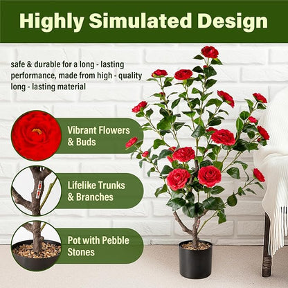 Artificial Camellia Tree,2Pack 3.2FT Faux Red Camellia Plants in Pots,Lifelike Artificial Flower Trees for Indoor Outdoor Home Decor,Realistic Blooming Faux Plants for Living Room Porch Patio Office