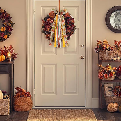 Large Fall Ribbon Bow for Wreath, Orange Maple Leaves Fabric Ribbons Set Assorted Lace Ribbon Fall Clip-On Wreath Sash Ribbons Bundle for Thanksgiving Indoor Outdoor Decor