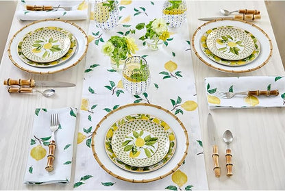 Solino Home Lemon Print Table Runner 108 Inches Long - 100% Pure Linen Table Runner 14 x 108 Inch - Machine Washable - Botanical Lemon/White Print
