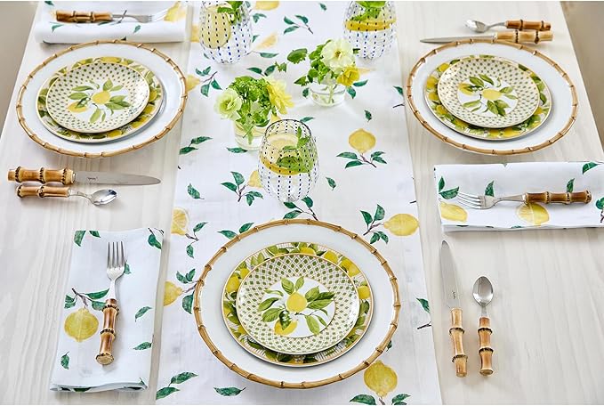 Solino Home Lemon Print Table Runner 120 Inches Long - 100% Pure Linen Table Runner 14 x 120 Inch - Machine Washable - Botanical Lemon/White Print