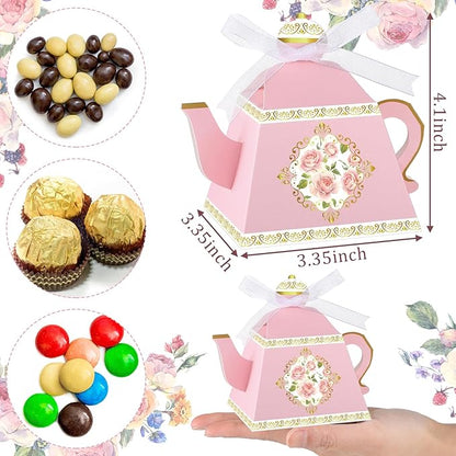 Jetec 100 Pcs Teapot Candy Box Floral Flower Tea Party Favor Gift Box Candy Boxes for Tea Garden Wedding Favors Bridal Showers Brunches Birthdays Decorations(Pink)