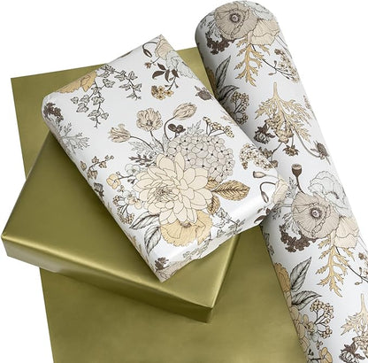 WRAPAHOLIC Jumbo Reversible Floral Wrapping Paper - 24 Inch X 100 Feet Jumbo Roll Pearlized Vintage Floral Design, Perfect for Wedding, Birthday, Mother's Day