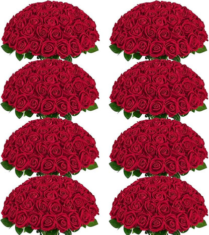 BLEUM CADE 200 Pcs Red Roses Artificial Flowers, Real Touch Velvet Roses Fake Flowers Bulk, Artificial Roses Bouquet with Long Stems Bridal DIY Wedding Party Centerpiece Decorations