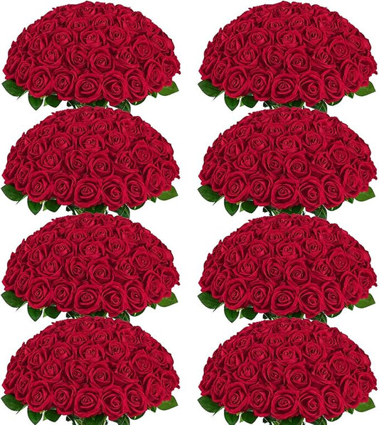 BLEUM CADE 200 Pcs Red Roses Artificial Flowers, Real Touch Velvet Roses Fake Flowers Bulk, Artificial Roses Bouquet with Long Stems Bridal DIY Wedding Party Centerpiece Decorations