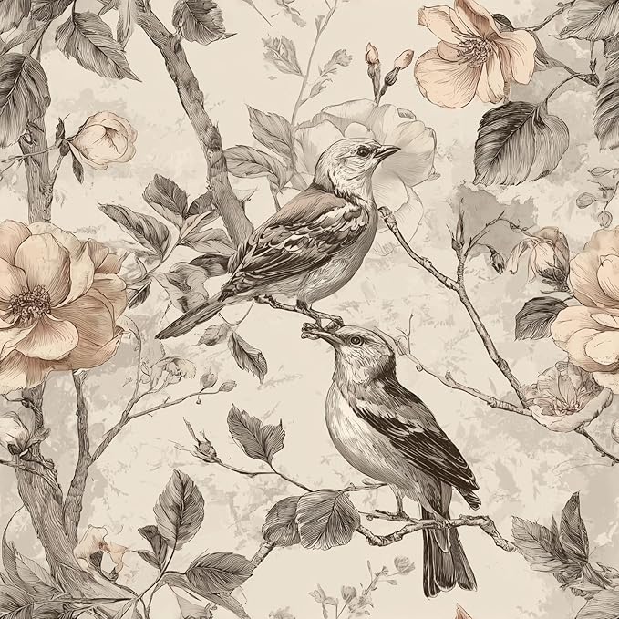 Vintage Animal Peel and Stick Contact Paper Beige Bird Removable Botanical Leaf Tree Wallpaper 17.7" x 118.11" Wall Paper Watercolor Self Adhesive for Classroom Bedroom Laundry Room Bathroom
