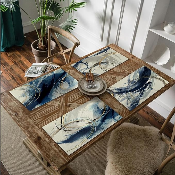 Abstract Navy Blue and White Placemats Set of 4, Modern Contemporary Placemats Table Mats Place Mats for Kitchen Dining Table Winter Holiday Party Decoration 16.9x11.4 Inch
