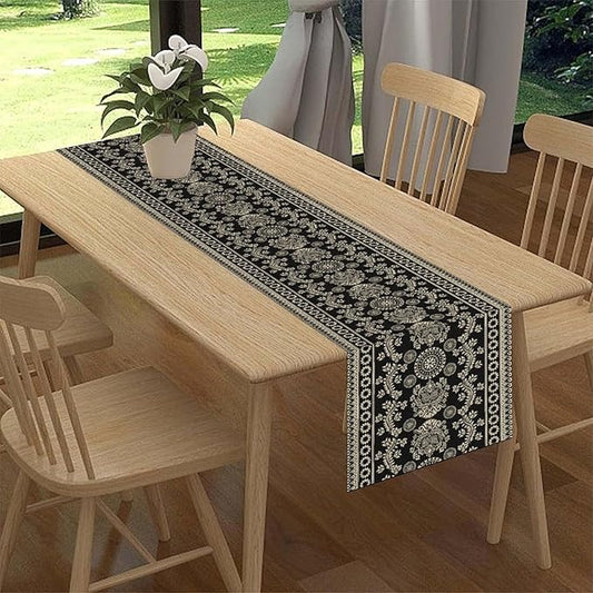 Black Paisley Table Runner, Retro Damask Boho Floral Print Linen Table Center Decor Family Kitchen Outdoor Farmhouse Holiday Party Table Decorations 13x90 inch