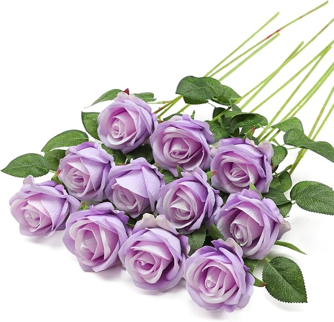 Hawesome Fake Roses Artificial Silk Flowers - 12 Pcs Purple Roses Artificial Faux Flowers with Stems for Home Wedding Centerpiece Hotel Office Decor