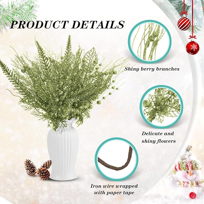 30 Pcs Artificial Christmas Tree Picks and Sprays Glitter Berry Stem Branches Holly Floral Picks Twigs Christmas Tree Ornaments for DIY Xmas Wreath Vase Filler Decorations (Green)