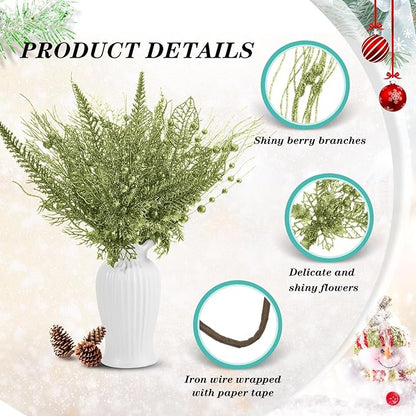 30 Pcs Artificial Christmas Tree Picks and Sprays Glitter Berry Stem Branches Holly Floral Picks Twigs Christmas Tree Ornaments for DIY Xmas Wreath Vase Filler Decorations (Green)