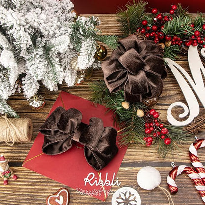 Ribbli Dark Brown Velvet Wired Ribbon 1.5 Inch Velvet with Satin Christmas Ribbon for Gift Wrapping Christmas Tree Decoration Crafts Wreaths Supplies-Continuous 10 Yards