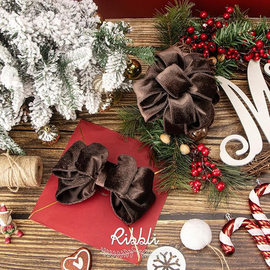 Ribbli Dark Brown Velvet Wired Ribbon 1.5 Inch Velvet with Satin Christmas Ribbon for Gift Wrapping Christmas Tree Decoration Crafts Wreaths Supplies-Continuous 10 Yards