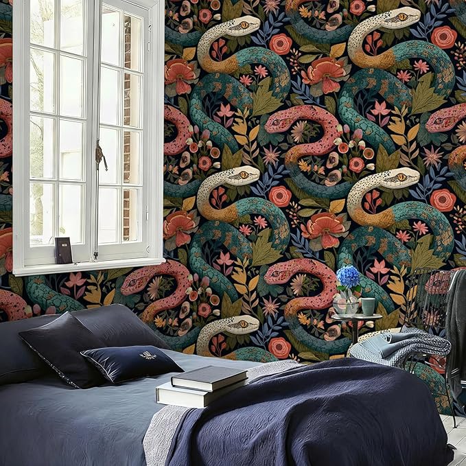 Floral Peel and Stick Modern Animal Contact Paper Whimsical Snake Removable Botanical Leaf Wallpaper 17.7" x 118.11" Wall Paper Watercolor Self Adhesive for Classroom Bedroom laundry room bathroom