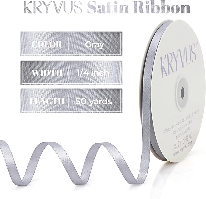 Gray Satin Ribbon, Double Faced 1/4 Inch X 50 Yards Gray Ribbon, Premium Satin Ribbon for Gift Wrapping, Crafts, Hair Bow Making, Sewing, Flower Bouquet, Wedding Party Decor