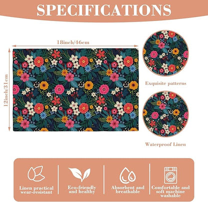 Placemats Set of 4 Colorful Flowers and Leaves Dining Place Mats Linen Table Mat for Farmhouse Home Kitchen Decor 12 X 18 Inch