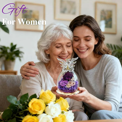 Purple Rose Christmas Gifts for Women, Forever Flower in Glass Fresh Flowers for Delivery, Preserved Rose Angel Figurine Decor for Mom, Grandma, Mother’s Day, Valentine’s Day, Birthday, Xmas Gift