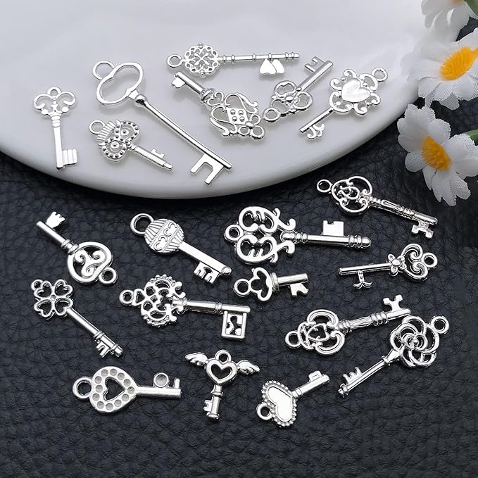 WOCRAFT 60pcs Bright Silver Small Key Charms Bracelet Charms for Jewelry Making Sets DIY Necklace Bracelet Keychain Crafting Charms Kit Craft Supplies (SN926)
