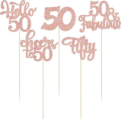 Gyufise 15Pcs 50th Birthday Centerpiece Sticks Fifty Happy 50th Table Flower Centerpieces Sticks Cheers to 50 Floral Decorations for 50th Birthday Party Centerpieces Supplies Rose Gold