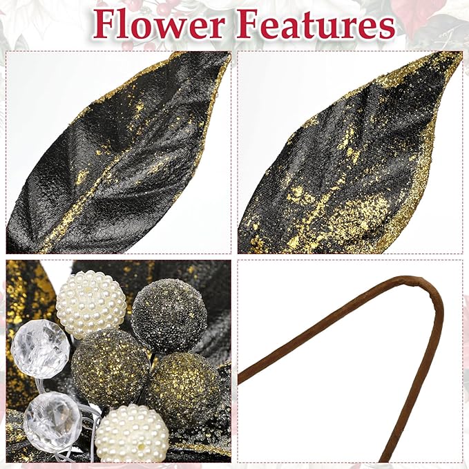 DILATATA 3 Pcs Artificial Christmas Flowers 13 Inch Glitter Poinsettia Picks Christmas Tree Ornaments Topper Decorations Black Poinsettias Flowers for Xmas New Year Wreath Garland Wedding Home Decor