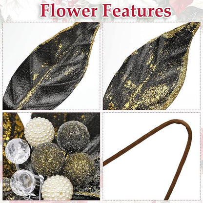DILATATA 3 Pcs Artificial Christmas Flowers 13 Inch Glitter Poinsettia Picks Christmas Tree Ornaments Topper Decorations Black Poinsettias Flowers for Xmas New Year Wreath Garland Wedding Home Decor