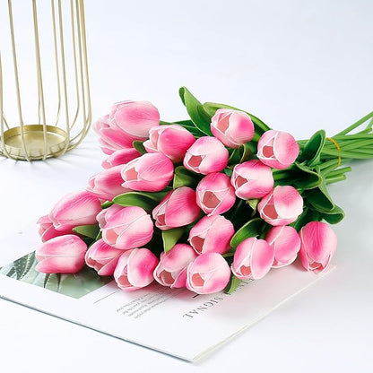 Sggvecsy 15 Pcs Fake Tulips Artificial Flowers Real Touch PU Faux Flowers Tulip Stems for Wedding Spring Bouquet Floral Arrangement Home Party Office Decorations for Mother's Day (Rose Pink)