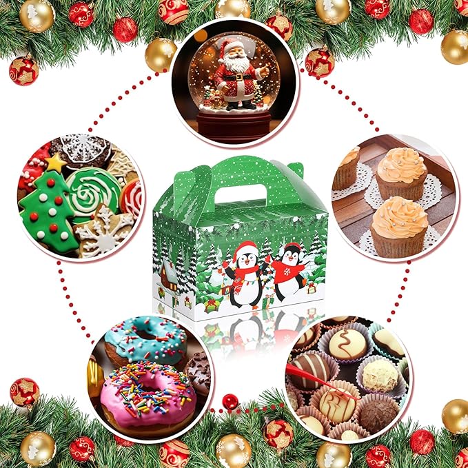 24 Pcs Christmas Treat Boxes Candy Goodie Cookie Gingerbread House Snowman Snowflake Christmas Party Favor Box Containers for Winter Holiday Party Favor Supplies