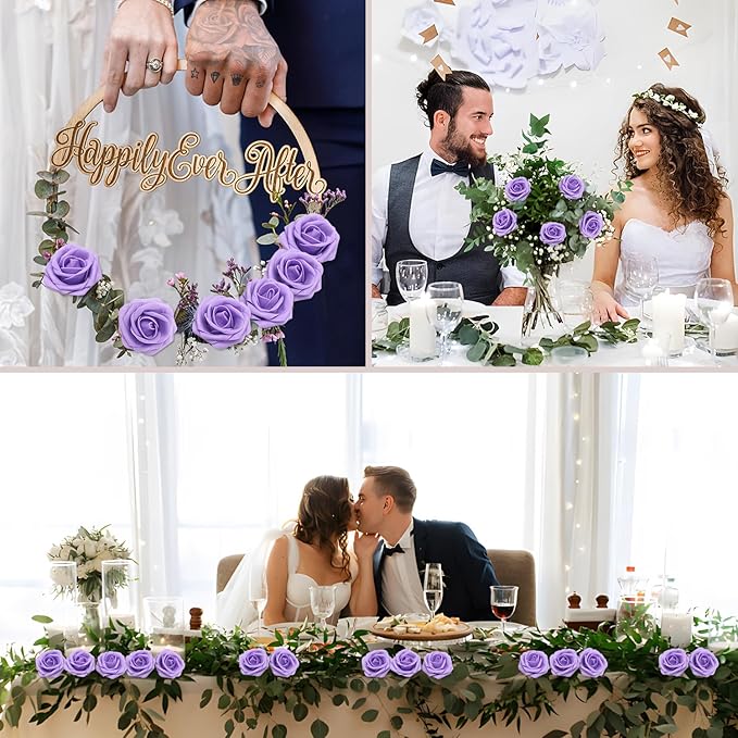 50PCS Artificial Flowers Purple Roses Real Looking Foam Fake Roses with Leaves and for DIY Wedding Bouquets Bridal Shower Centerpieces Party Decorations (Purple, 50)