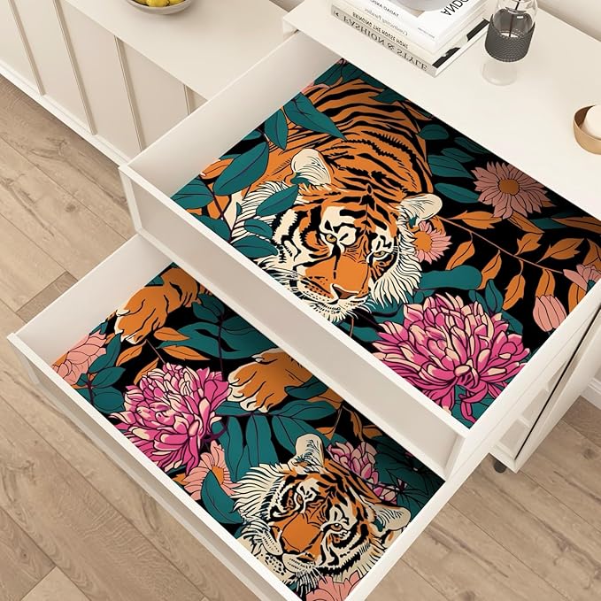 Tiger Stick and Peel Wallpaper Vintage Floral Contact Paper Retro Boho Leaf Wall Paper Removable Renter Friendly Wall Decor for Bathroom Backsplash Drawer Cabinet 17.5 x 393.5In